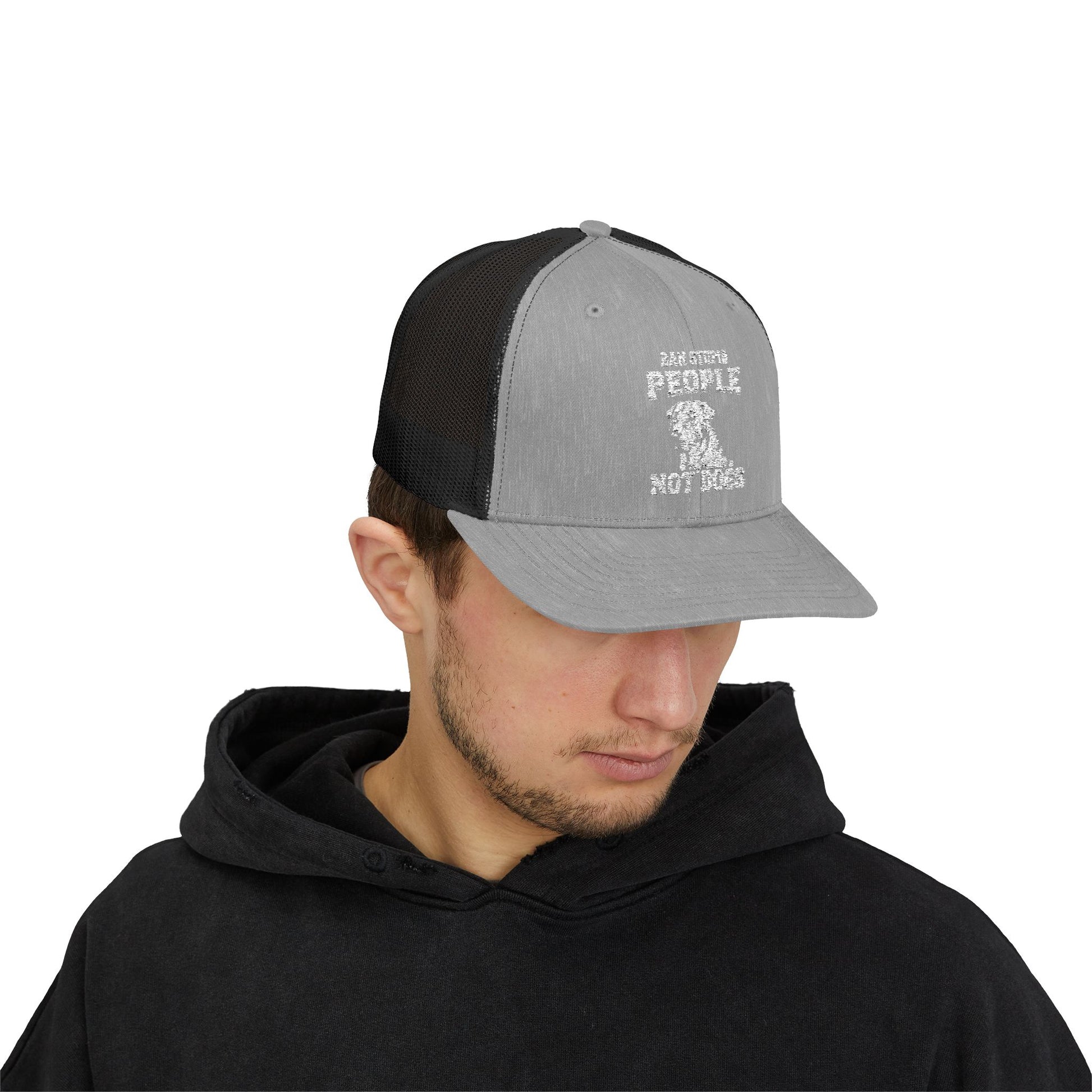 Funny Dog Lover Snapback Trucker Cap - "I Am Stupid People, Not Dogs"