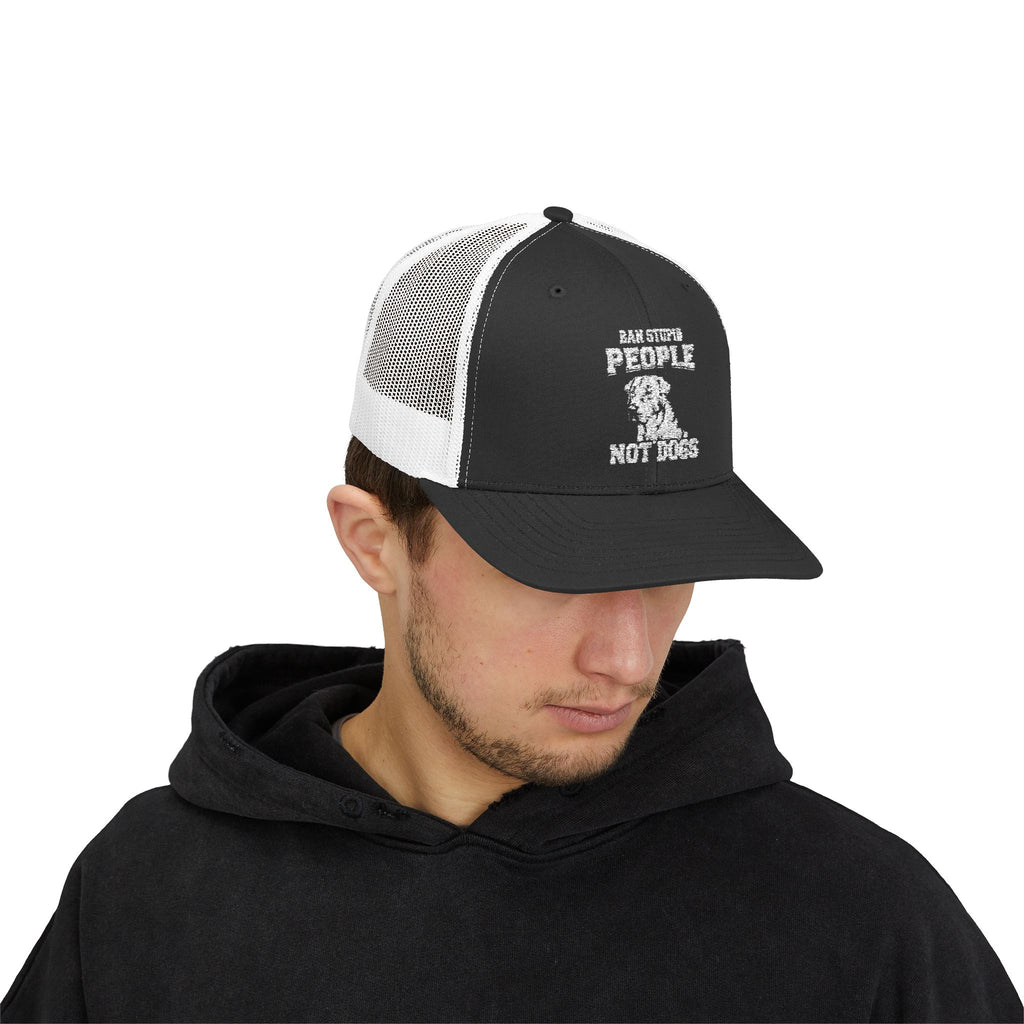Funny Dog Lover Snapback Trucker Cap - "I Am Stupid People, Not Dogs"