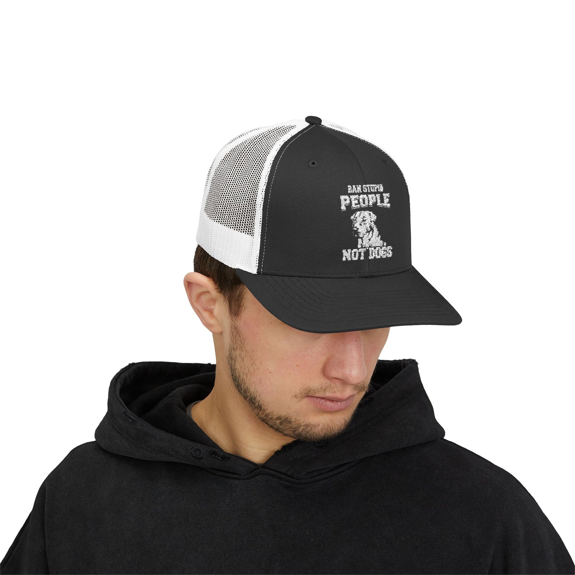 Funny Dog Lover Snapback Trucker Cap - "I Am Stupid People, Not Dogs"