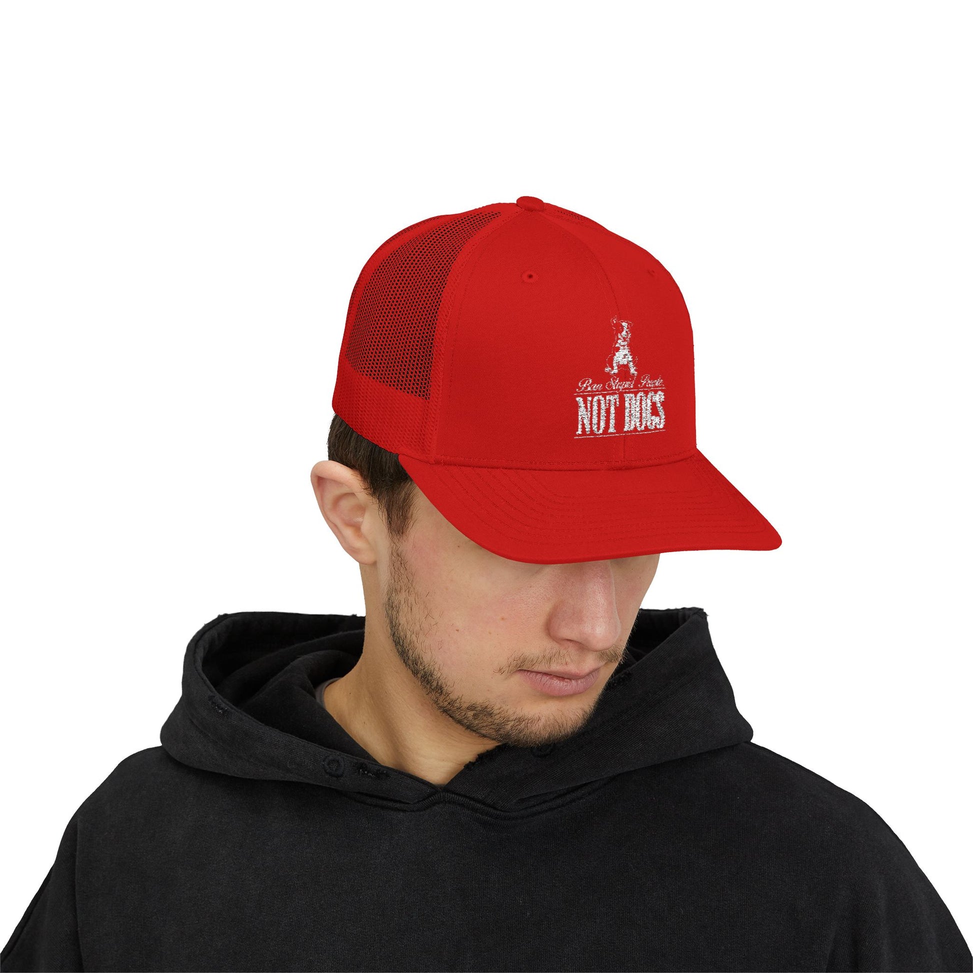 Fun Red Snapback Trucker Cap - "Not Dogs" Design